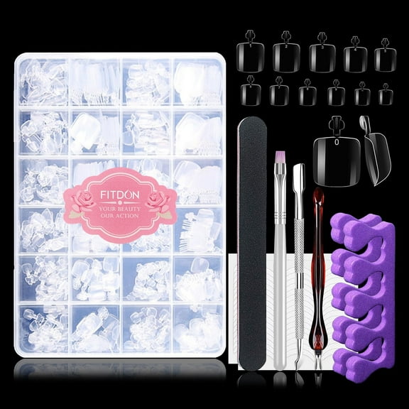 FITDON 480PCS False Toe Nail Tips, Clear Acrylic Fake Toenail Tips Full Cover Short Square Artificial Toe nails