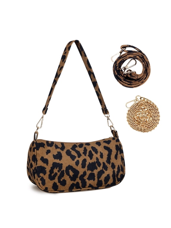 Small Shoulder Bag for Women, Corduroy Hobo Tote Handbag Clutch Purse Crescent Underarm Bag Y2k Crossbody Bags with 3 Removable Straps, Leopard