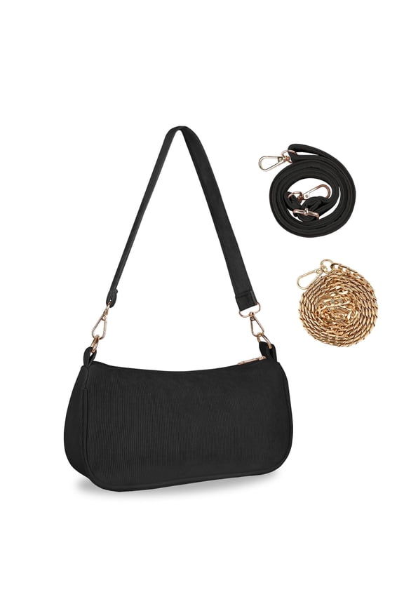 Small Shoulder Bag for Women, Corduroy Hobo Tote Handbag Clutch Purse Crescent Underarm Bag Y2k Crossbody Bags with 3 Removable Straps, Black