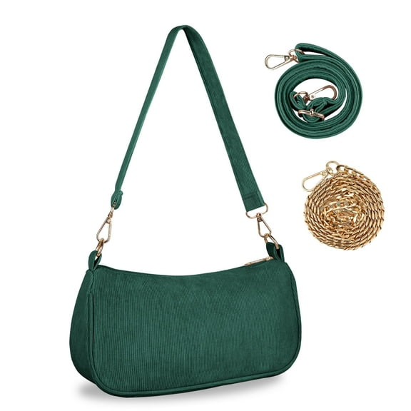 FITDON Small Shoulder Bag for Women, Corduroy Hobo Tote Handbag Clutch Purse Crescent Underarm Bag Y2k Crossbody Bags with 3 Removable Straps, Green