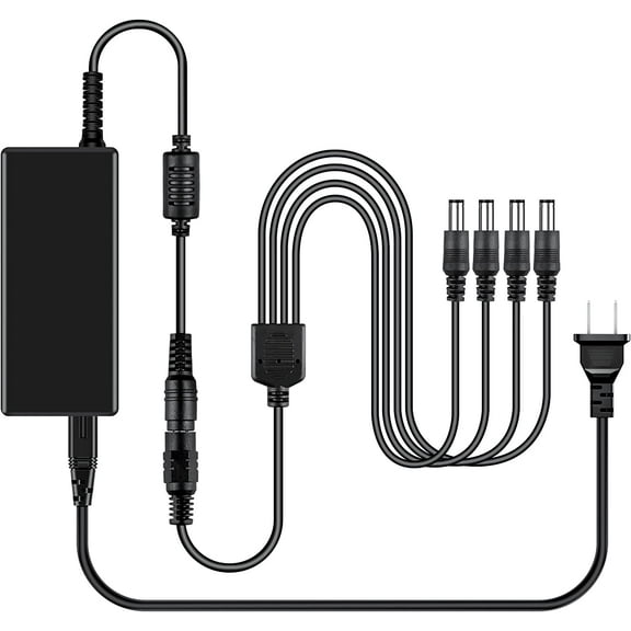 FITE ON 12V 5A Power Adapter with 4 Way Splitter Cord, AC DC Converter 100-220V to 12 Volt 5 Amp 5.5x2.1mm Plug for LED Strip Light DVR NVR Security Cameras System(4 Way Splitter+12V 5A Adapter)