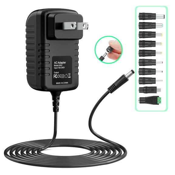 FITE ON 12V 2.5A 30W Power Supply Adapter, with 10 Replacement Plug Tips, 4ft Cord 5.5x2.5mm DC Plug, Compatible for DC12V CCTV Camera LED Strip Light (30 Watt)