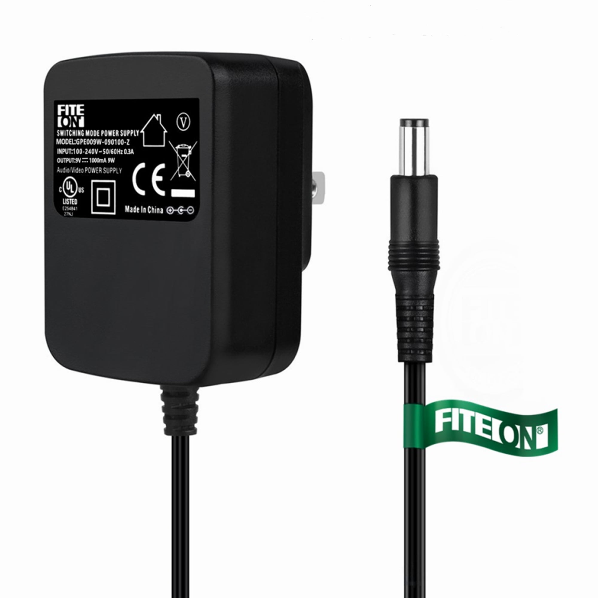 FITE ON 9V 1A Negative () Tip Power Supply 9W 9 Volt AC Adapter 100V240V 5060Hz AC to DC 9V