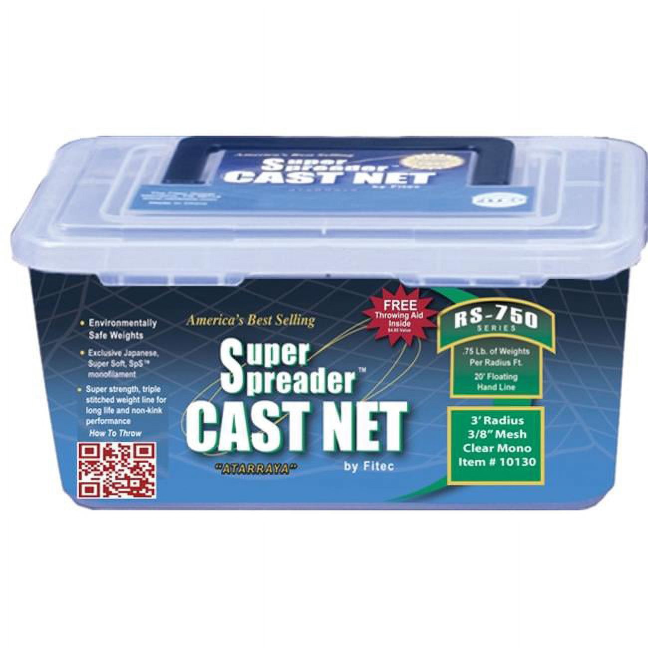 FITEC 10130 3 ft. RS750 Super Spreader Cast Net 0.38 in. Mesh, Clear, 0 ...