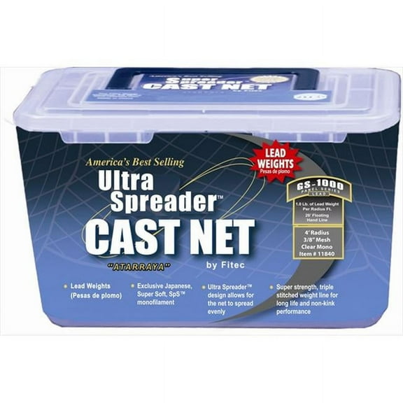 FITEC 11840 GS1000 Super Spreader Cast Net 4'x3/8" Mesh Clear Lead 1 lb wt