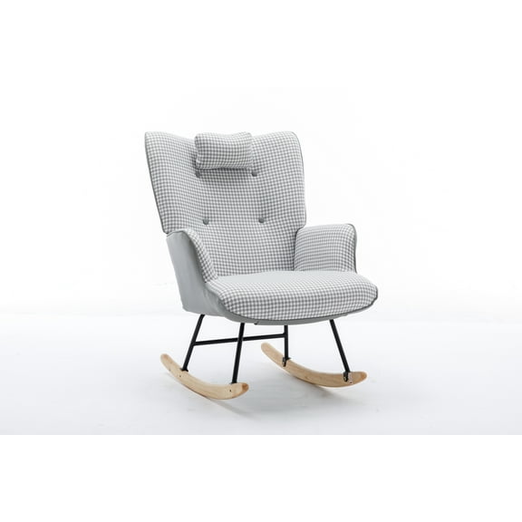 FITHOOD 35.5 inch Rocking Chair, Soft Houndstooth Fabric Leather Fabric Rocking Chair for Nursery, Comfy Wingback Glider Rocker with Safe Solid Wood Base for Living Room Bedroom Balcony