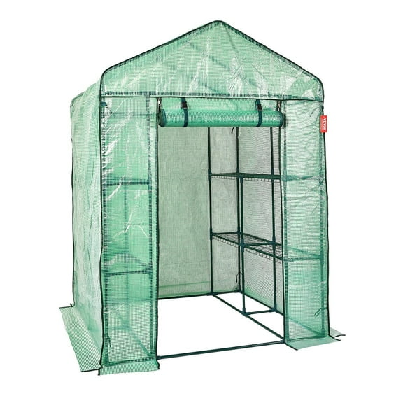 FITHOOD Walk-in Green House, 4.6 x 4.6 x 6.6 ft , Greenhouse with Shelves, High Strength PE Cover with Zipper Door and Steel Frame, Assembly in Minutes, Suitable for Planting and Storage