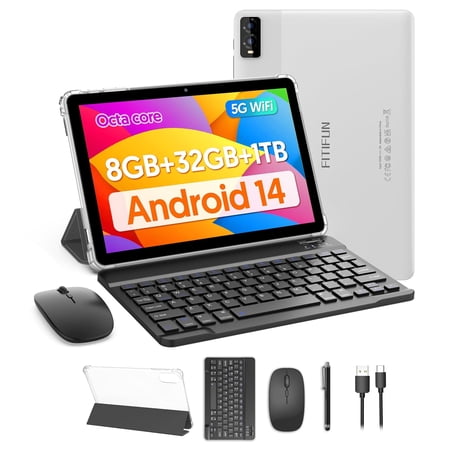 FITIFUN Android 14 Tablet 10.1 inch Tablet, 8GB RAM+1TB Expandable+32GB ROM,Octa-Core,5G Wi-Fi 6, 2+8MP Dual Camera,6000mAh Battery,1280x800 FHD IPS, Bluetooth,2 in 1 Tablets with Keyboard,Bluetooth,