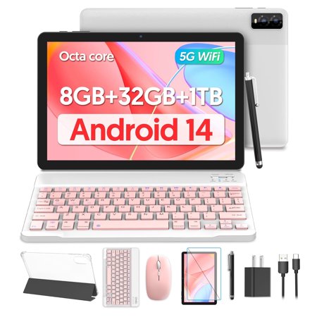 FITIFUN Android 14 Tablet 10.1 inch Tablet, 8GB RAM+32GB ROM+1TB Expandable,Octa-Core,5G Wi-Fi 6, 2+8MP Dual Camera,6000mAh Battery,1280x800 FHD IPS, Bluetooth,2 in 1 Tablets with Keyboard,Mouse,Case