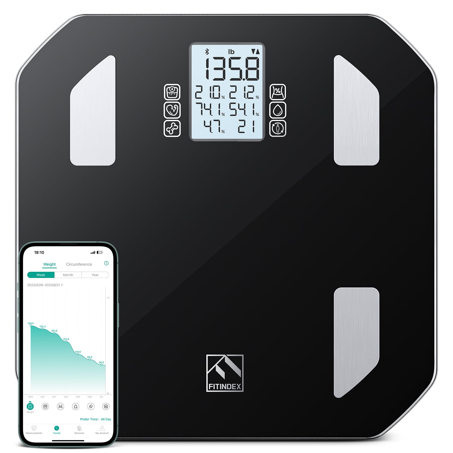 FITINDEX Advanced Smart Body Weight Scale with App, Large Display, 13  Metrics, Unlimited Users, Track Progress, Baby Mode