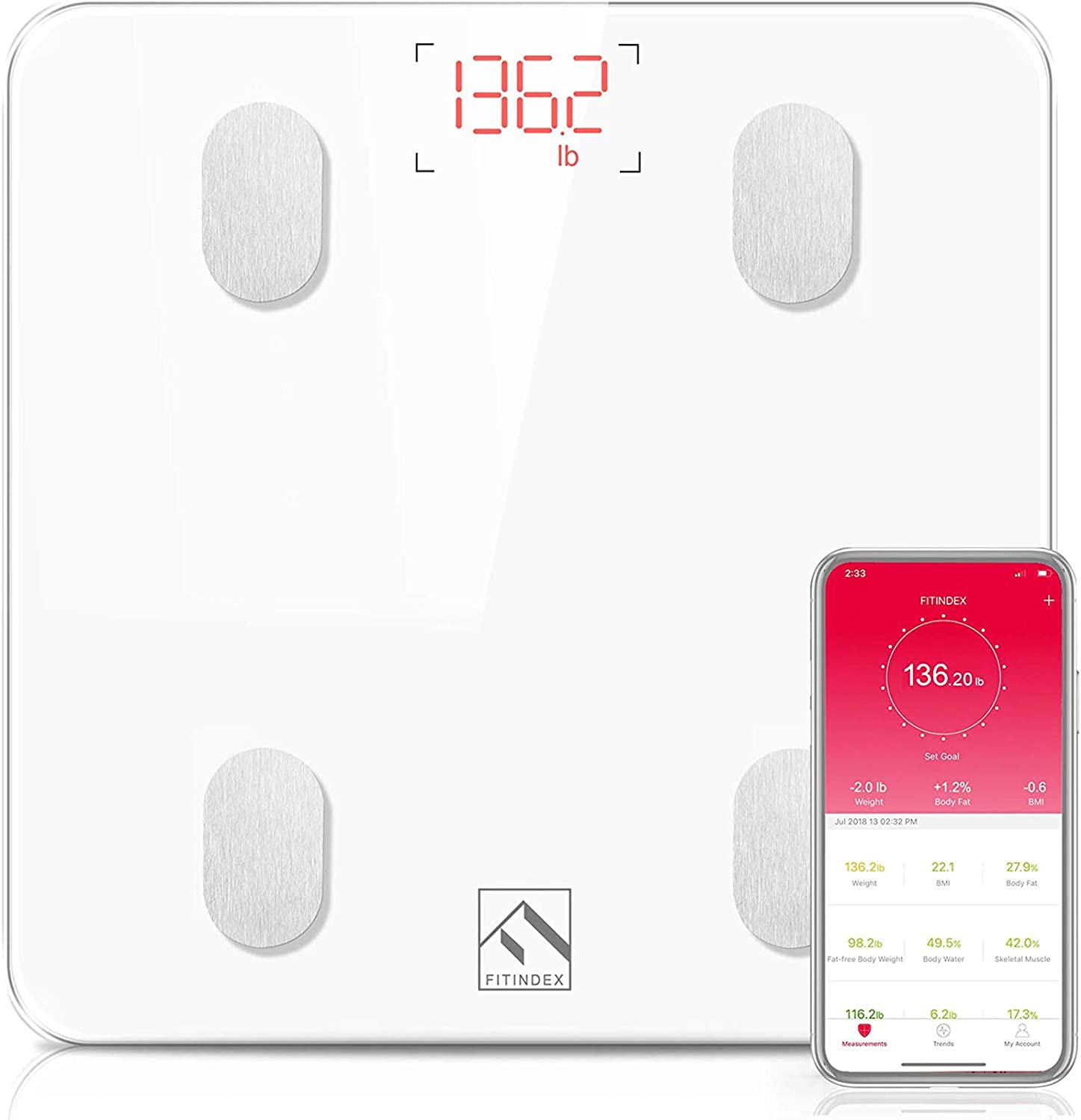 FITINDEX Bluetooth Body Fat Scale, Smart Wireless Digital Weight Scale