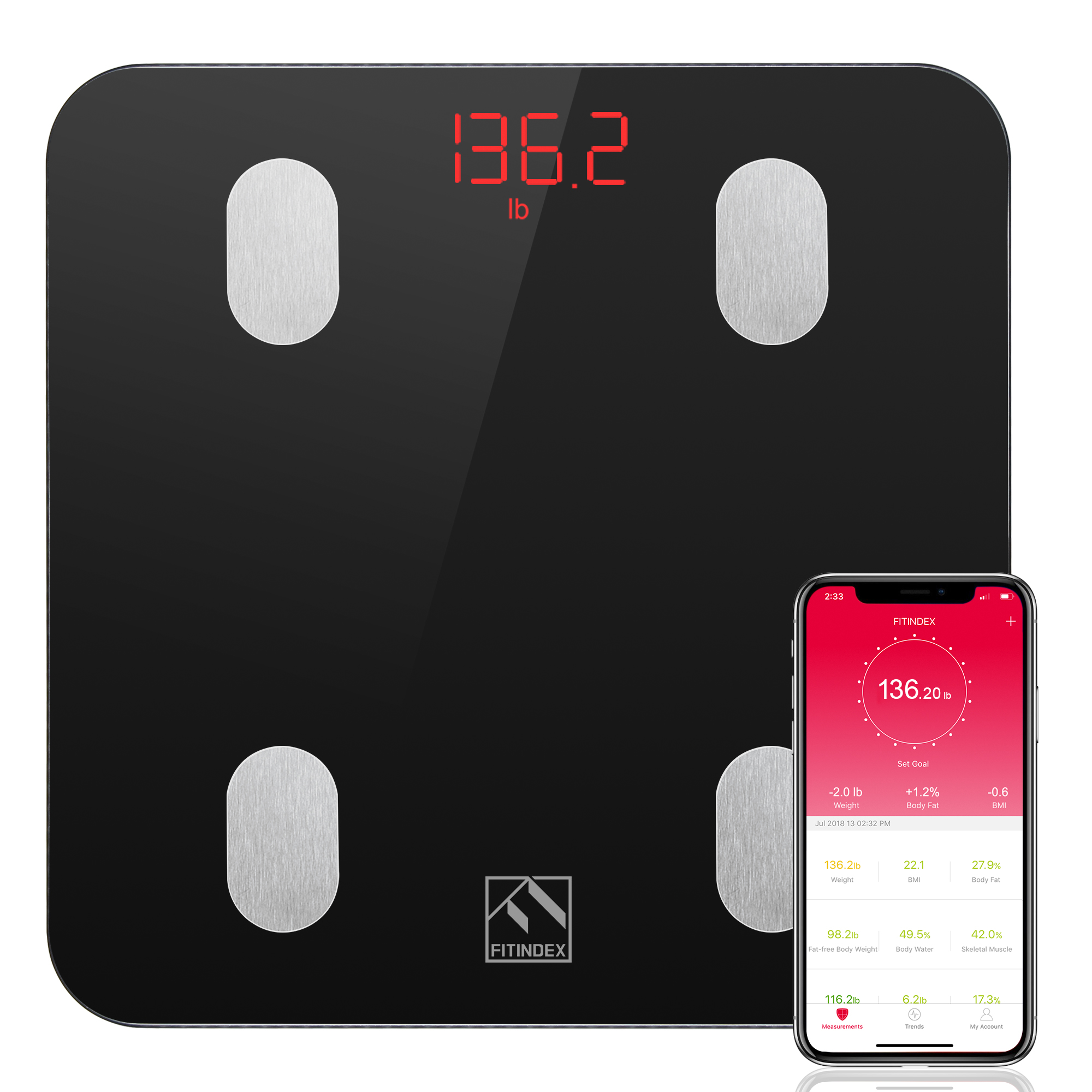 FITINDEX Bluetooth Body Fat Scale, Smart Wireless Digital Weight Scale, Body Composition Monitor Health Analyzer with Smartphone App for Body Weight, Fat, Water, BMI, BMR, Muscle Mass - image 1 of 10