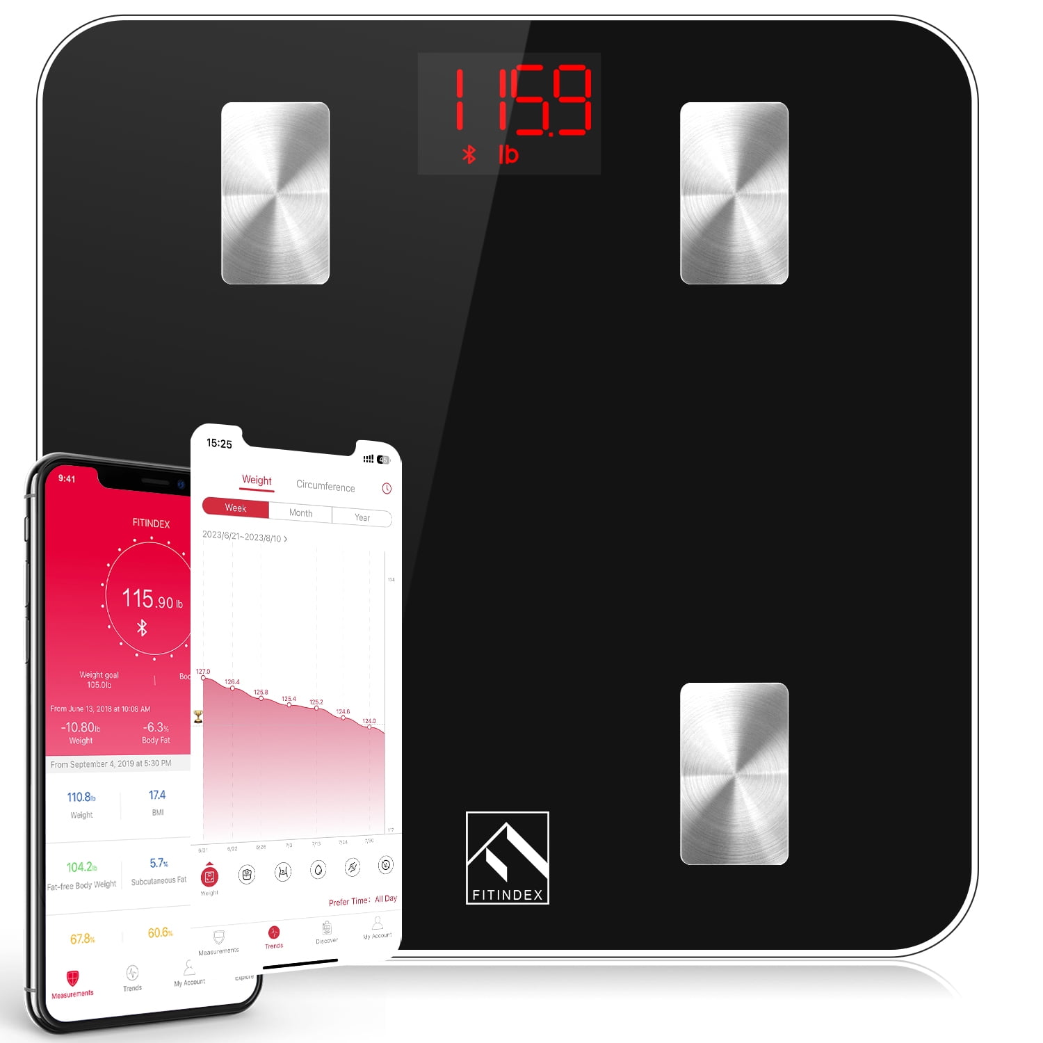 FITINDEX Bluetooth Smart Bathroom Scale for Weight, Track Health with 13  Metrics, 396 lbs, Black