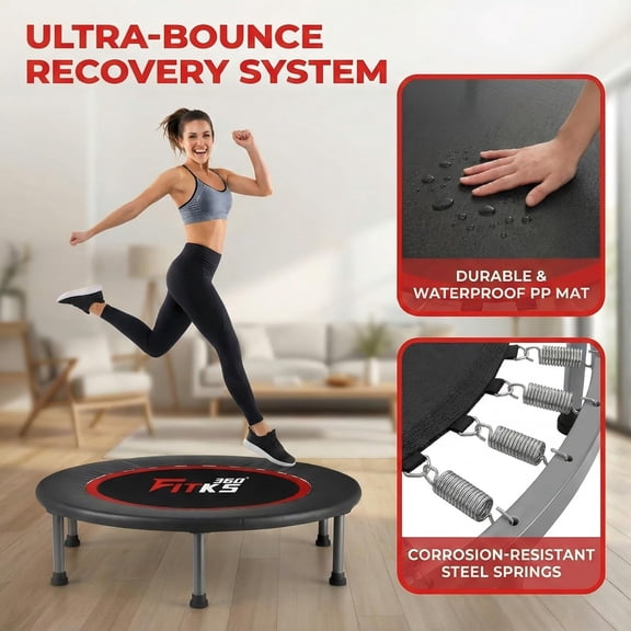 FITKS360 40'' Foldable Fitness Trampoline Indoor & Outdoor Rebounder with Safety Pad, Includes Interactive Fitness Game for Body & Mind, Supports Up to 400lbs