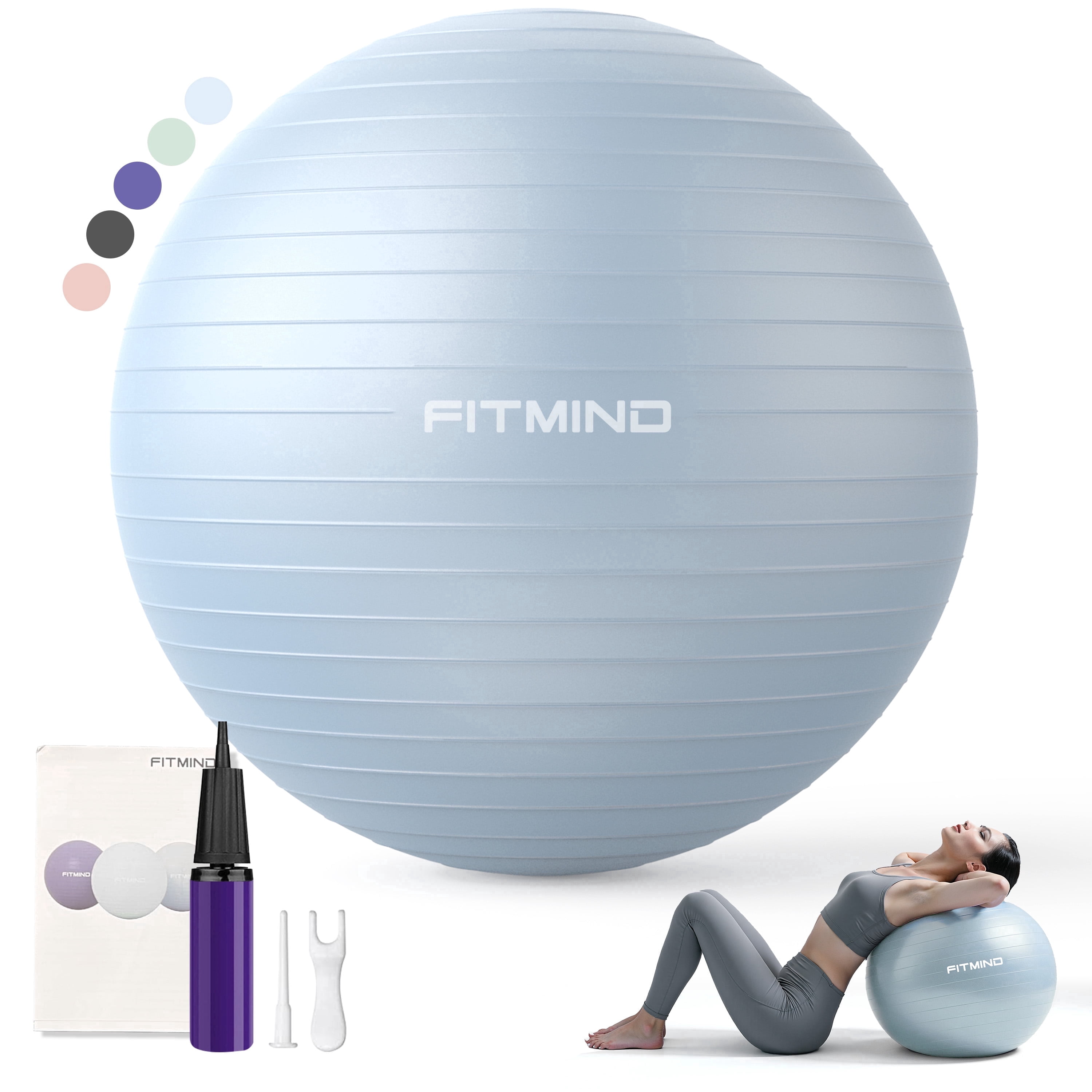 FITMIND Thick Exercise Ball 29.5" for Yoga and Pilates, 1100LB Load Bearing, Hand Pump, Anti-Burst, Blue