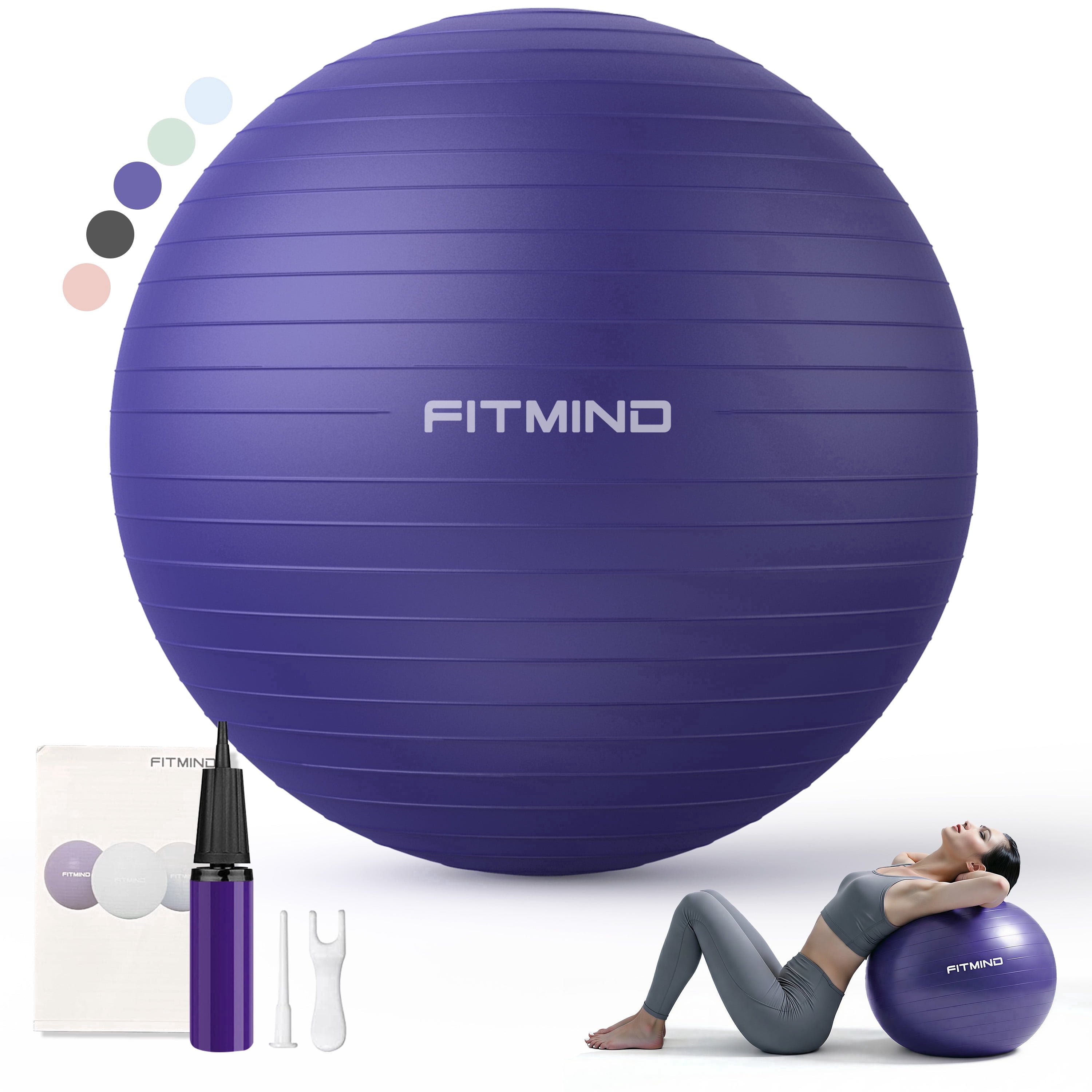 FITMIND Thick Exercise Ball 29.5" for Yoga and Pilates, 1100LB Load Bearing, Hand Pump, Anti-Burst, Purple