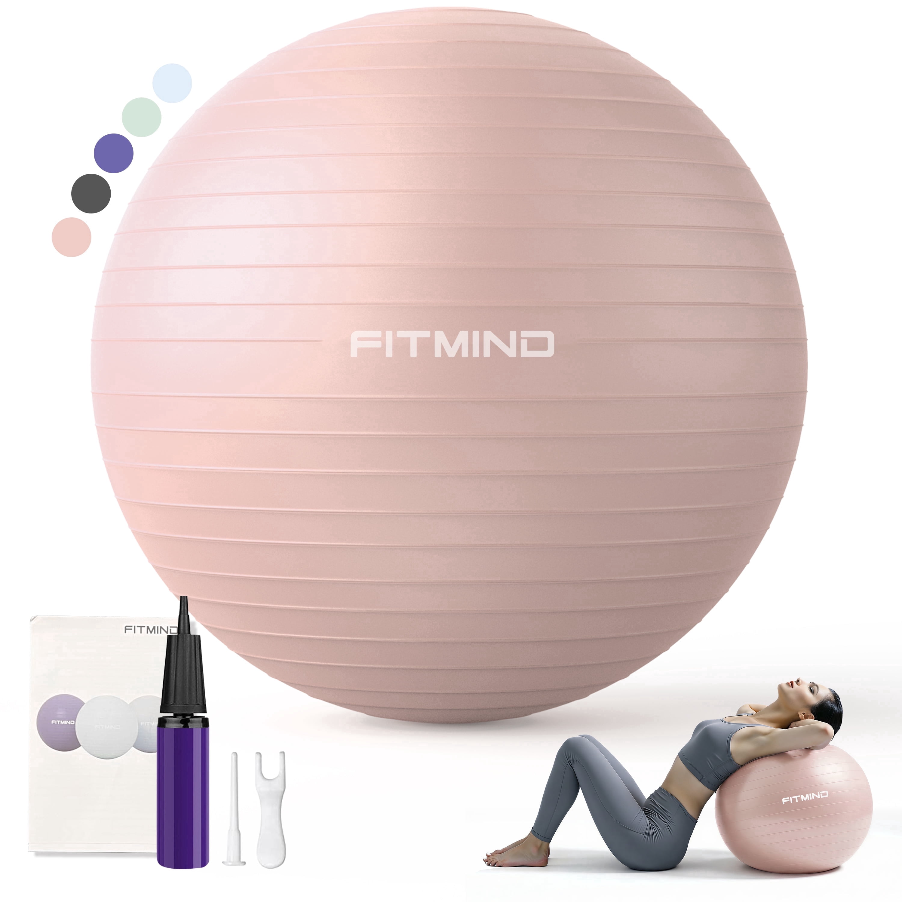 FITMIND Thick Exercise Ball 25.6" for Yoga and Pilates, 1100LB Load Bearing, Hand Pump, Anti-Burst, Pink