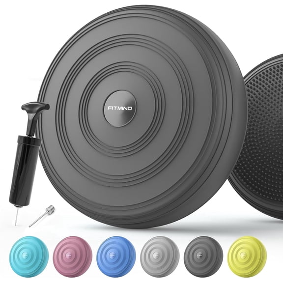FITMIND 13x13in Inflated Wobble Cushion Non-Slip, PVC, Extra thick, Hand Pump, Guide Book, Black