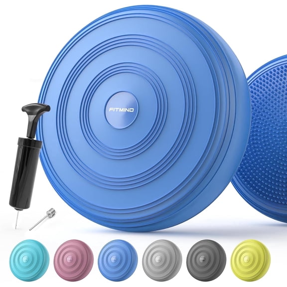 FITMIND 13x13in Inflated Wobble Cushion Non-Slip, PVC, Extra thick, Hand Pump, Guide Book, Blue
