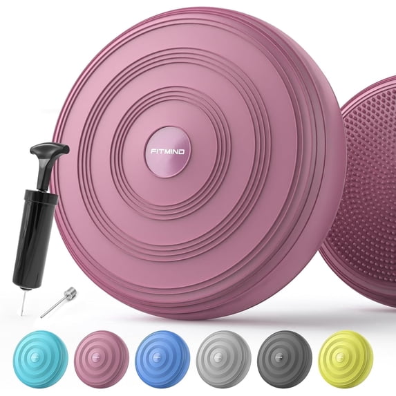 FITMIND 13x13in Inflated Wobble Cushion Non-Slip, PVC, Extra thick, Hand Pump, Guide Book, Red