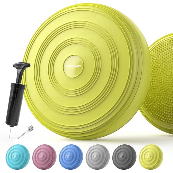 FITMIND 13x13in Inflated Wobble Cushion Non-Slip, PVC, Extra thick, Hand Pump, Guide Book, Green