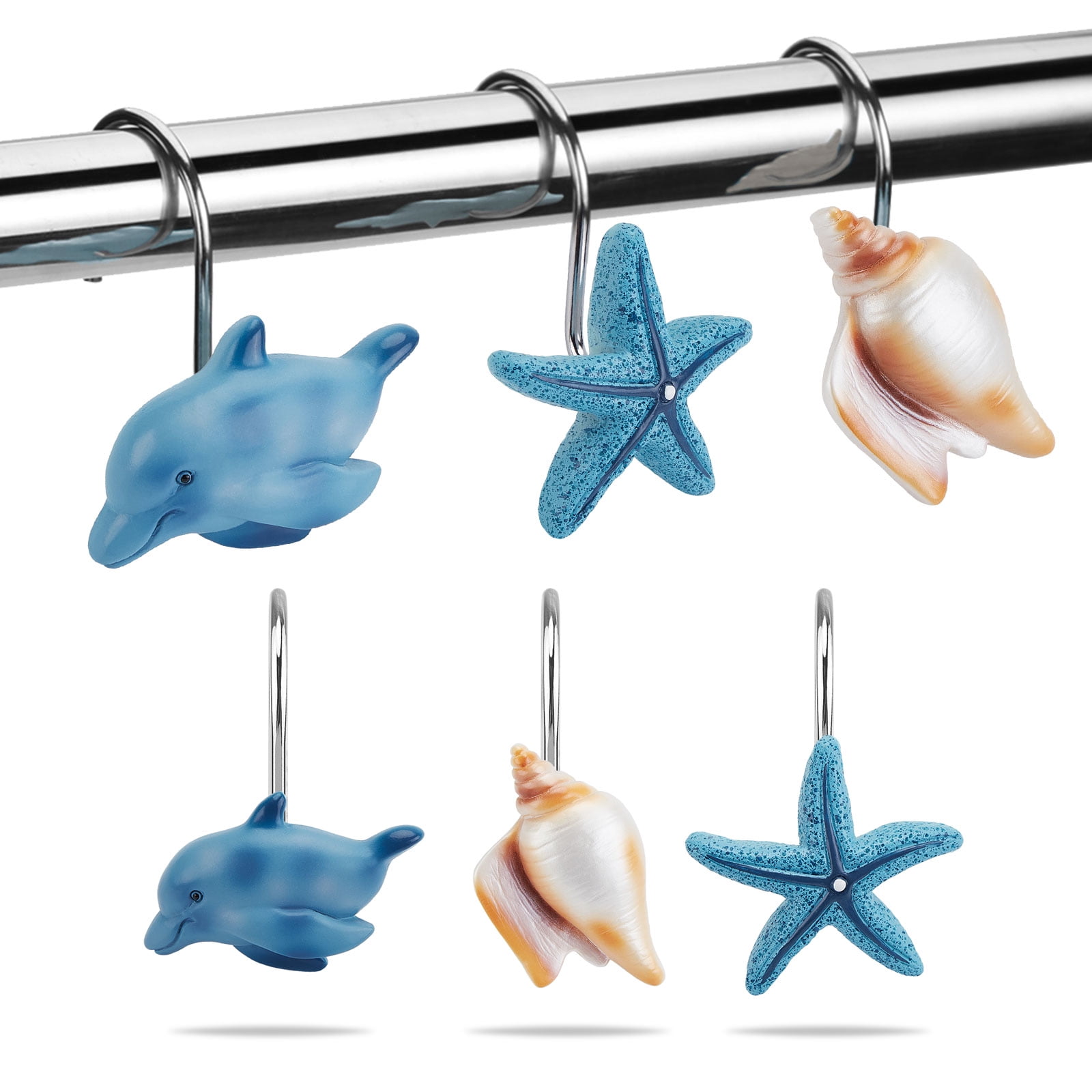 FITNATE 12pcs Beach Star Shower Curtain Resin Hooks Stainless Steel for Bathroom Decorative