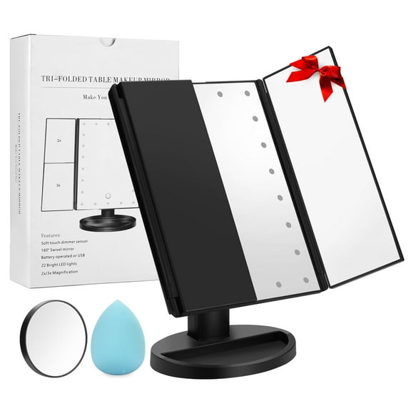 FITNATE Cosmetic Makeup Mirrors,Freestanding Vanity USB 21 LED Lighted 10X Magnifying Trifold Folding