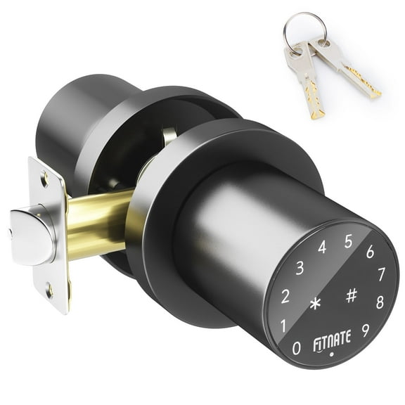 FITNATE Touch Screen Lock,Metal Digital Door Knob Lock with Spare Keys for Keyless Entry, Electronic Door Lock , Easy to Operate and Install,15 User Passcode for Bedroom, Home and Office Black