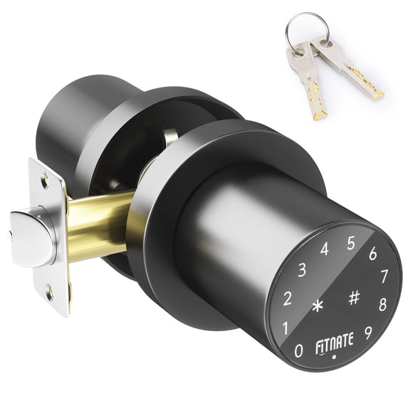 FITNATE Touch Screen Lock,Metal Digital Door Knob Lock with Spare Keys for Keyless Entry, Electronic Door Lock , Easy to Operate and Install,15 User Passcode for Bedroom, Home and Office Black