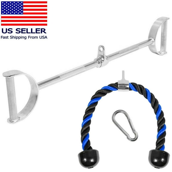FITNESS MANIAC Home Gym Cable Attachments: COMBO Flat LAT Bar Tricep Rope Blue 2PC
