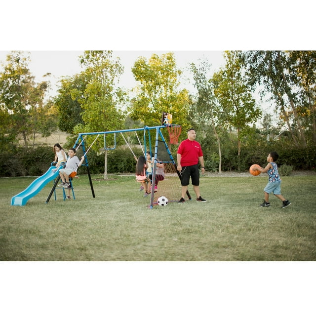 FITNESS REALITY KIDS 7 Station Sports Series Metal Swing Set with Basketball and Soccer