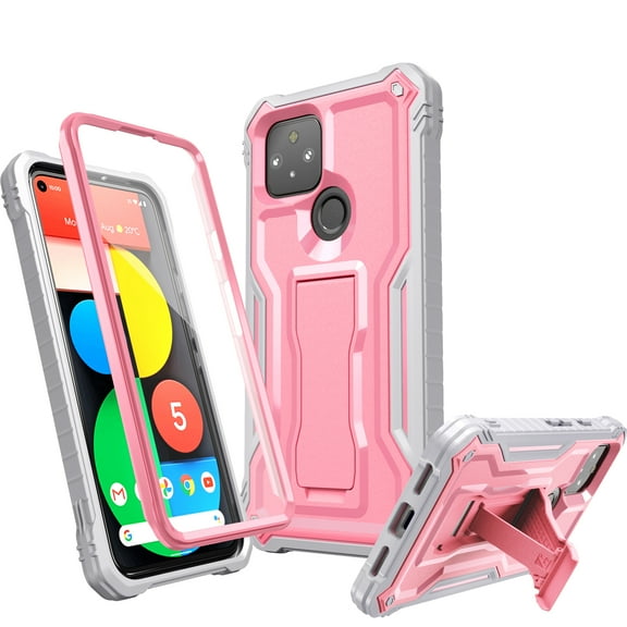 FITO For Google Pixel 5 Case, Phone Case with Screen Protector and Kickstand (Pink)
