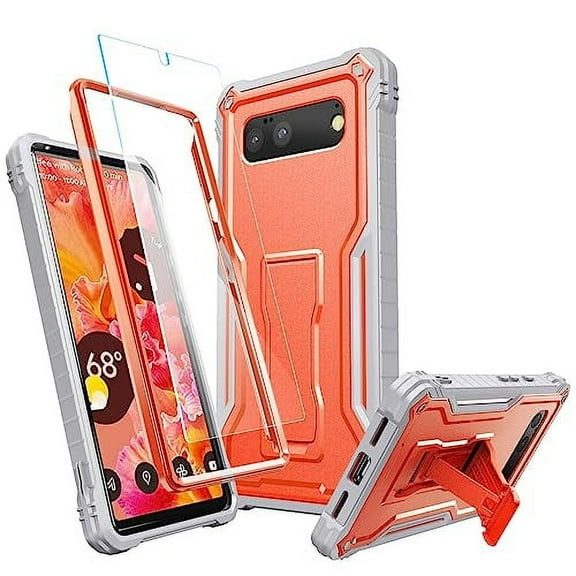 FITO For Google Pixel 6 Case, Phone Case with Screen Protector and Kickstand (Orange)