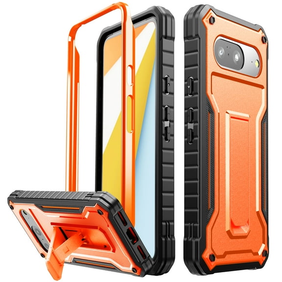 FITO For Google Pixel 8 Case, Rubber Shockproof Full-Body Phone Case with Kickstand (Orange)