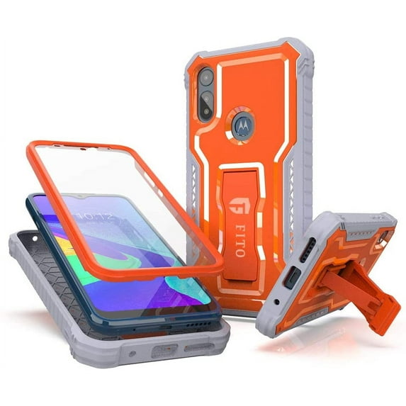 FITO For Moto E Phone Case, Phone Case with Screen Protector and Kickstand (Orange)