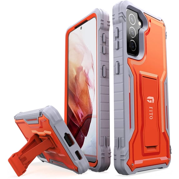 FITO For Samsung Galaxy S21 5G Case, Full-Body Phone Case with Kickstand (Orange)
