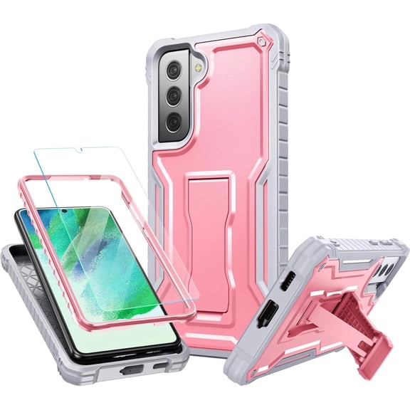 FITO For Samsung Galaxy S21 FE Case, Phone Case with Screen Protector and Kickstand (Pink)