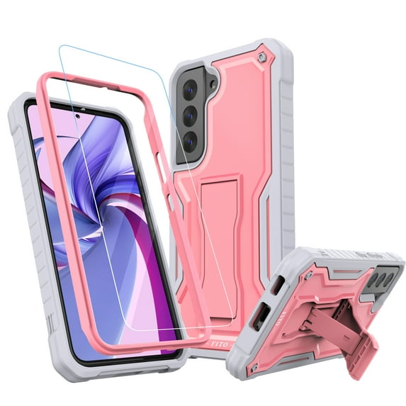 FITO For Samsung Galaxy S22 Case, Phone Case with Screen Protector and Kickstand (Pink)