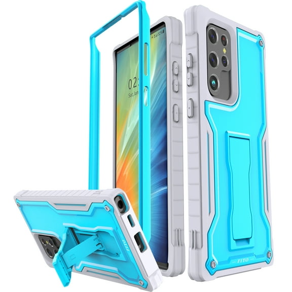 FITO For Samsung Galaxy S22 Ultra Case, Full-Body Phone Case with Kickstand (Blue)
