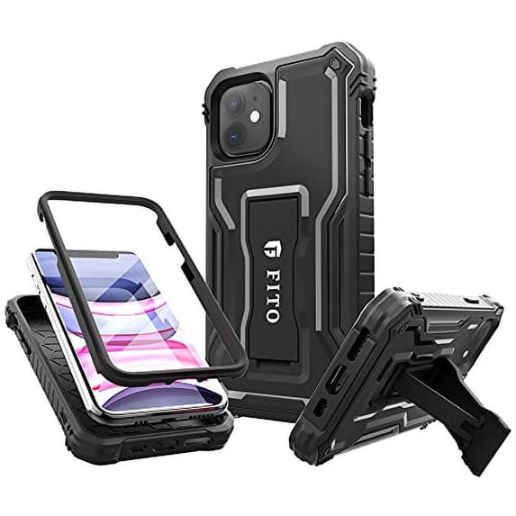 FITO For iPhone 11 Case, Phone Case with Screen Protector and Kickstand (Black)