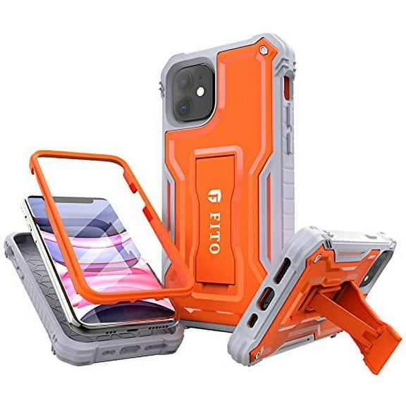 FITO For iPhone 11 Case, Phone Case with Screen Protector and Kickstand (Orange)