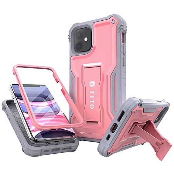 FITO For iPhone 11 Case, Phone Case with Screen Protector and Kickstand (Pink)