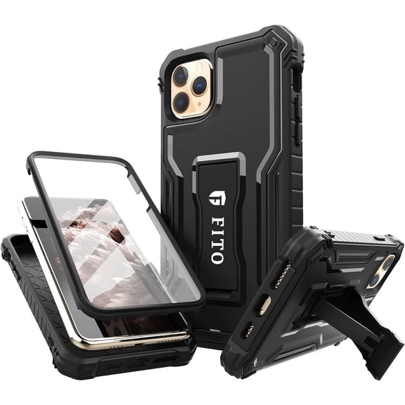 FITO For iPhone 11 Pro Max Case, Phone Case with Screen Protector and Kickstand (Black)