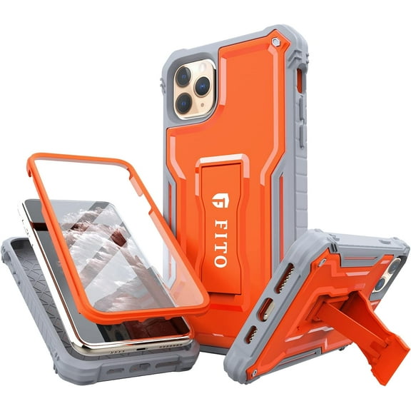 FITO For iPhone 11 Pro Max Case, Phone Case with Screen Protector and Kickstand (Orange)