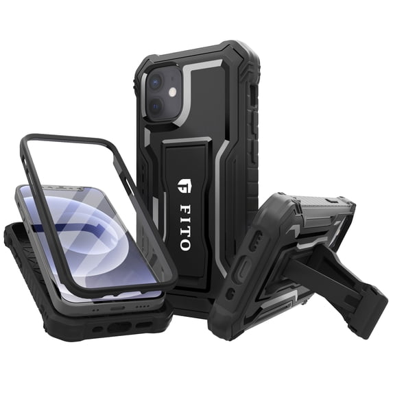 FITO For iPhone 12 Mini Case, Phone Case with Screen Protector and Kickstand (Black)