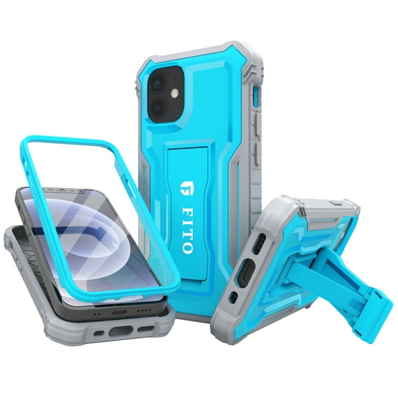 FITO For iPhone 12 Mini Case, Phone Case with Screen Protector and Kickstand (Blue)