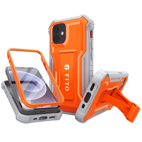 FITO For iPhone 12 Mini Case, Phone Case with Screen Protector and Kickstand (Orange)