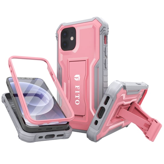 FITO For iPhone 12 Mini Case, Phone Case with Screen Protector and Kickstand (Pink)
