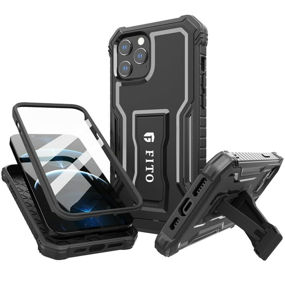 FITO For iPhone 12 Pro Max Case, Phone Case with Screen Protector and Kickstand (Black)