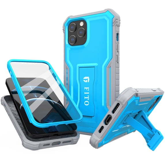 FITO For iPhone 12 Pro Max Case, Phone Case with Screen Protector and Kickstand (Blue)